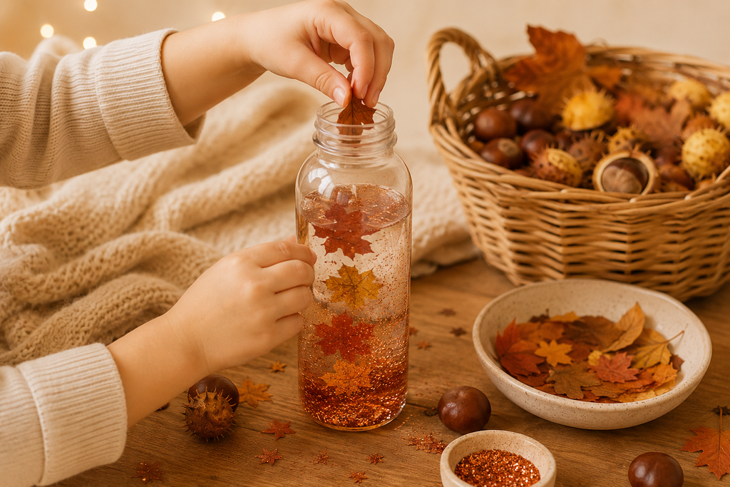 Herbstliche Sensorik-Flasche mit Blättern und Glitzer für Kinder