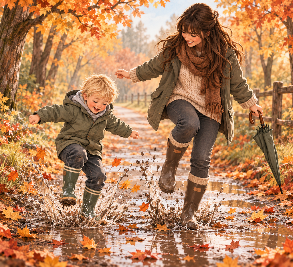 Kind springt mit Mama in eine Pfütze – Herbstaktivitäten mit Kindern