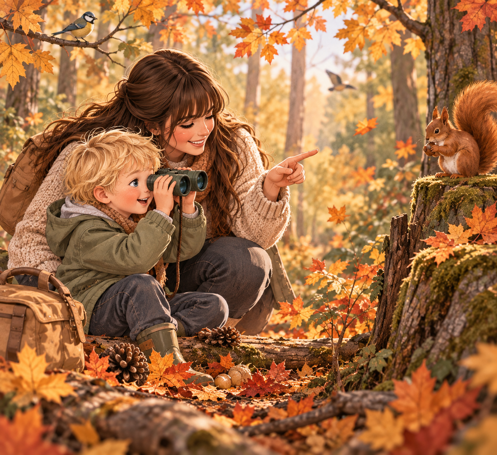 Mama und Kind beobachten Tiere bei einem Herbstspaziergang im Wald