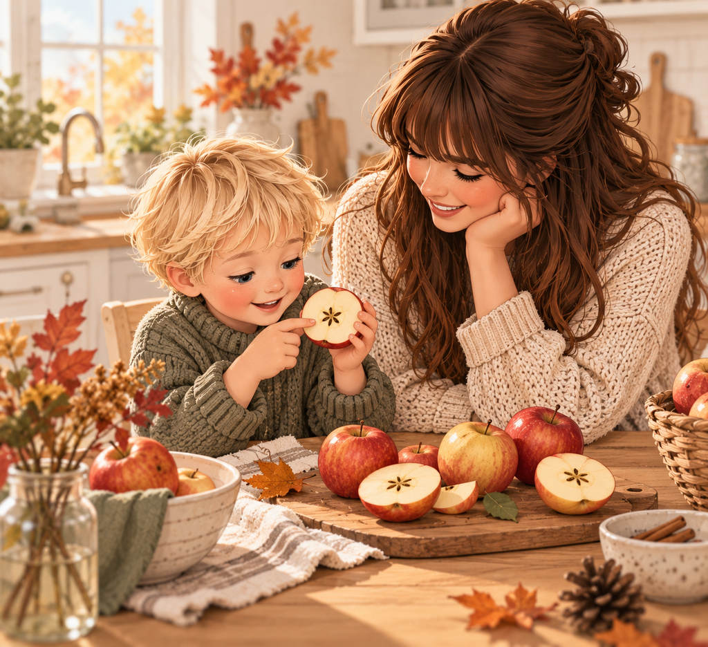 Mama und Kind entdecken gemeinsam einen aufgeschnittenen Apfel im Herbst