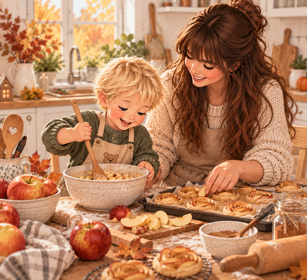 Mama backt mit Kind ein einfaches Apfelrezept im Herbst