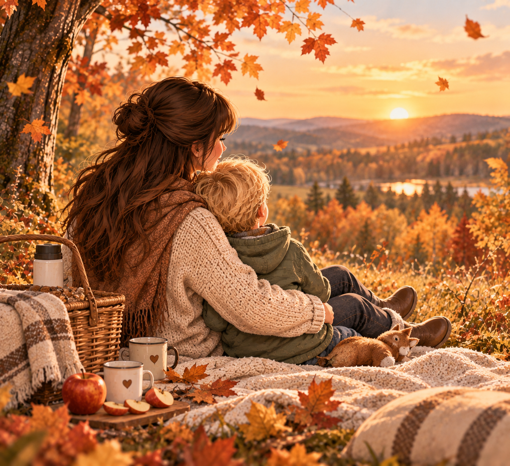 Mama und Kind genießen gemeinsam einen ruhigen Herbstmoment in der Natur