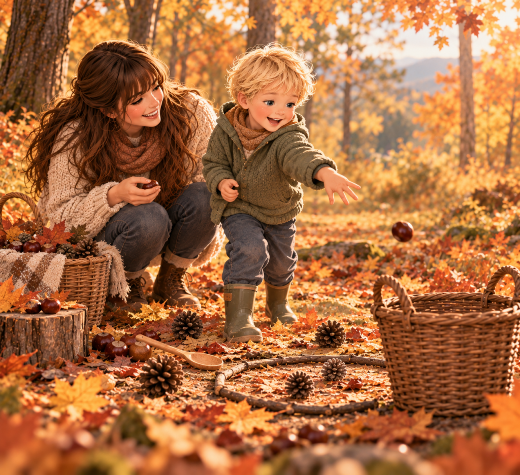 Herbstspiele für Kinder mit Kastanien Blättern und Zapfen