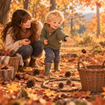 Herbstspiele für Kinder mit Kastanien Blättern und Zapfen